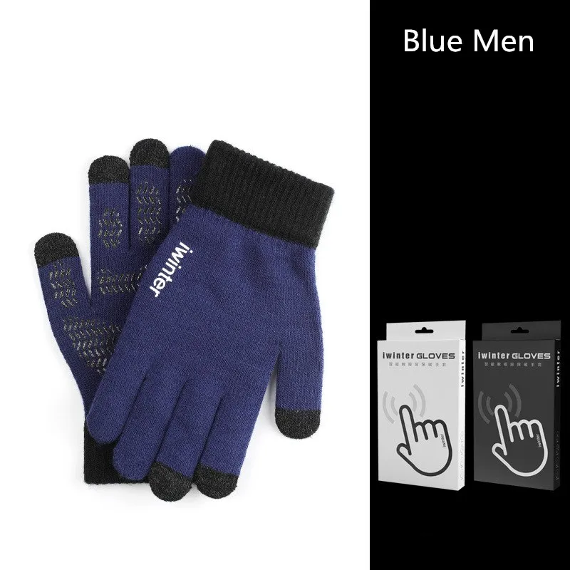 Blue Men Fashion Touch Screen Gloves Men Women Winter Warm Knitting Mittens Anti Slip Thicken Full Finger Guantes - Цвет: Blue Men