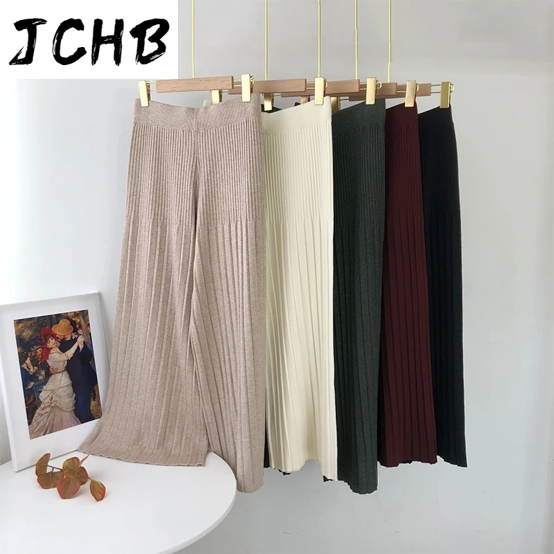 

SHZQJCHB Elegant Striped Knitted Office Pants Women Solid Loose Straight Trousers Drawstring High Waist Casual Pants Female