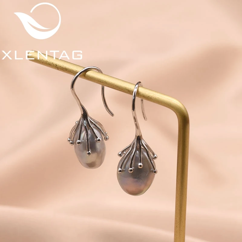 XlentAg натуральный пресноводный серое, в стиле барокко жемчужные серьги ручной работы крюк для Для женщин Роскошные ювелирные изделия Oorbellen Voor Vrouwen GE0335B