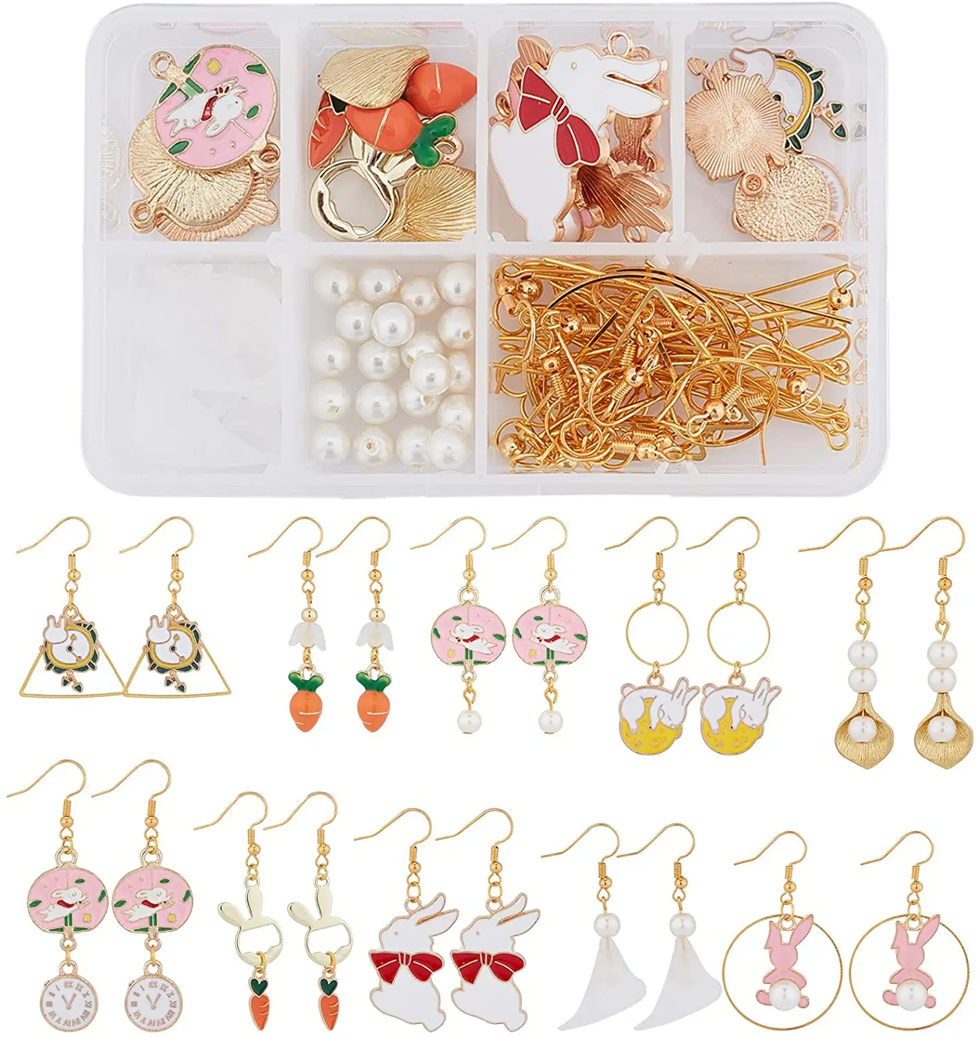 

1 Box 140pcs Easter Festival Earring Making Kit Charms Pendants Bunny Mixed Color Earrings Dangle for DIY Earring Jewelry Making