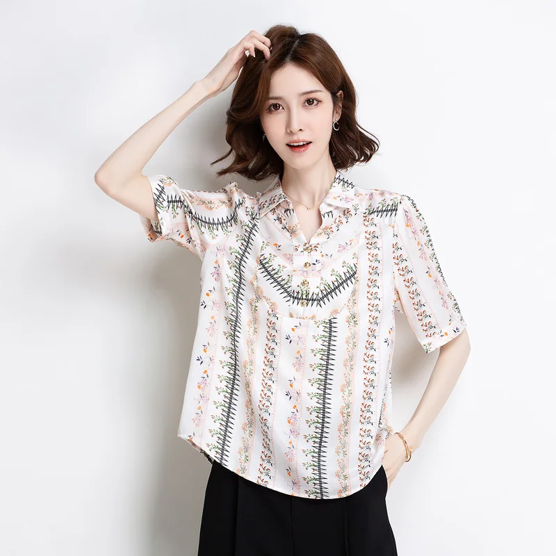 

[Love mother a little more] Jinju summer new print lapel silk silk wild mother dress T-shirt female