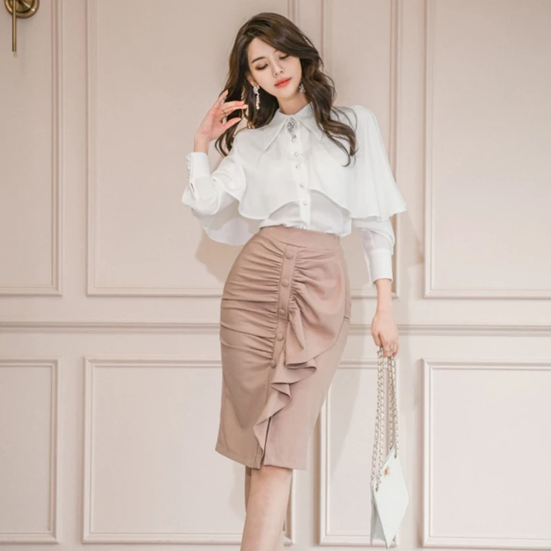 

new arrival fashion women white chiffon shirt temperament sexy casual ruffles skirt wild comfortable work style office women set