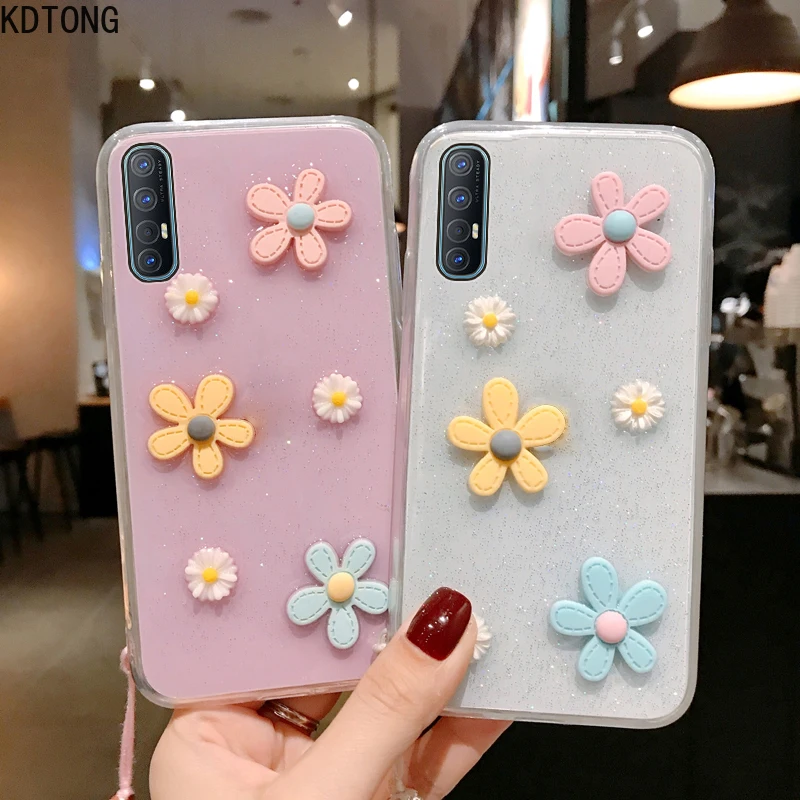 

Glitter Bling Phone Case for OPPO Find X2 Realme C11 A92S A52 Reno 3 2 Pro R9S Cover 3D Daisy Epoxy TPU Clear Sun Flower Coque
