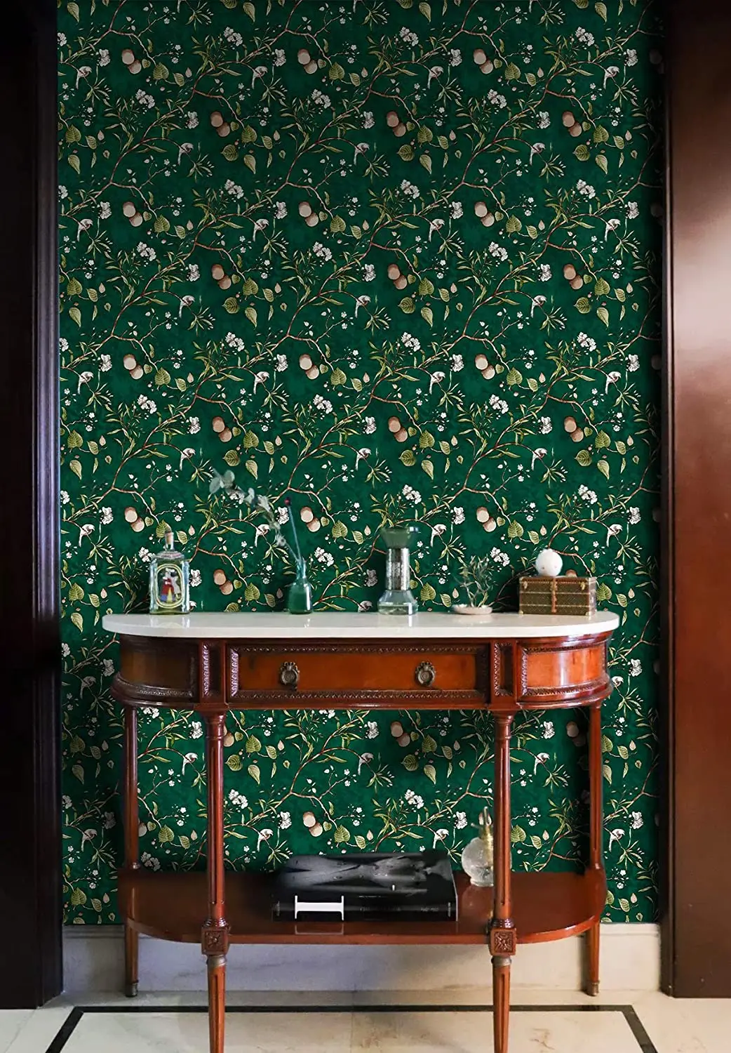 

Self-Adhesive PVC Fruit Tree Rustic Garden Blooming Flower Bird Peel and Stick Retro Green Floral Wallpaper for Living Room