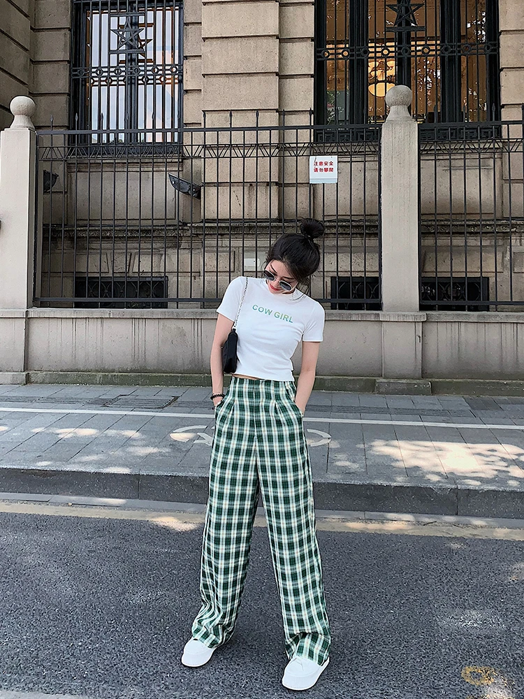 

Harajuku Plaid Pants For Women Trousers 2020 Streetwear Woman Green Harem Pants Ladies Loose Causal Wide Leg High Waist Pants