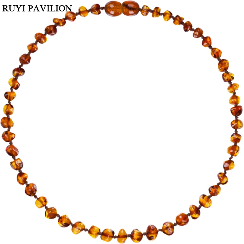 

RUYI PAVILION Natural Baltic Amber Necklace For Baby Handmade polished beads fine jewler Cognac color 32-37cm