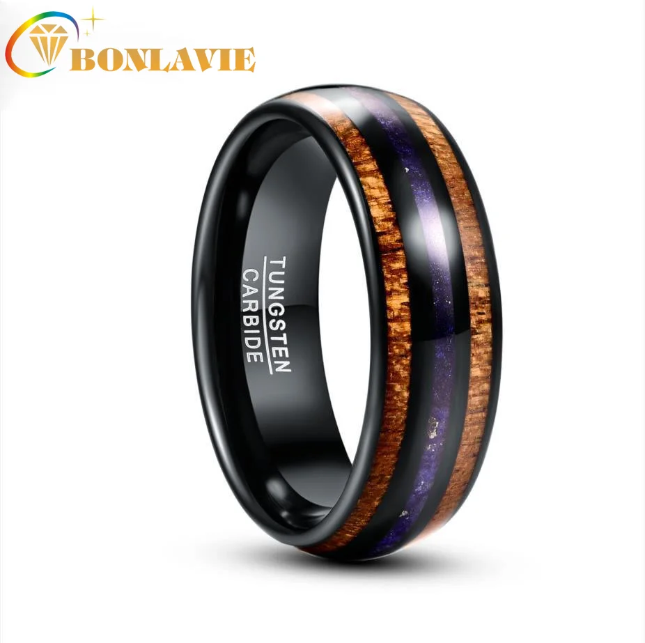 

New 8mm Acacia Wood Lapis Lazuli Electric Black Men's Tungsten Steel Ring Wedding Jewelry