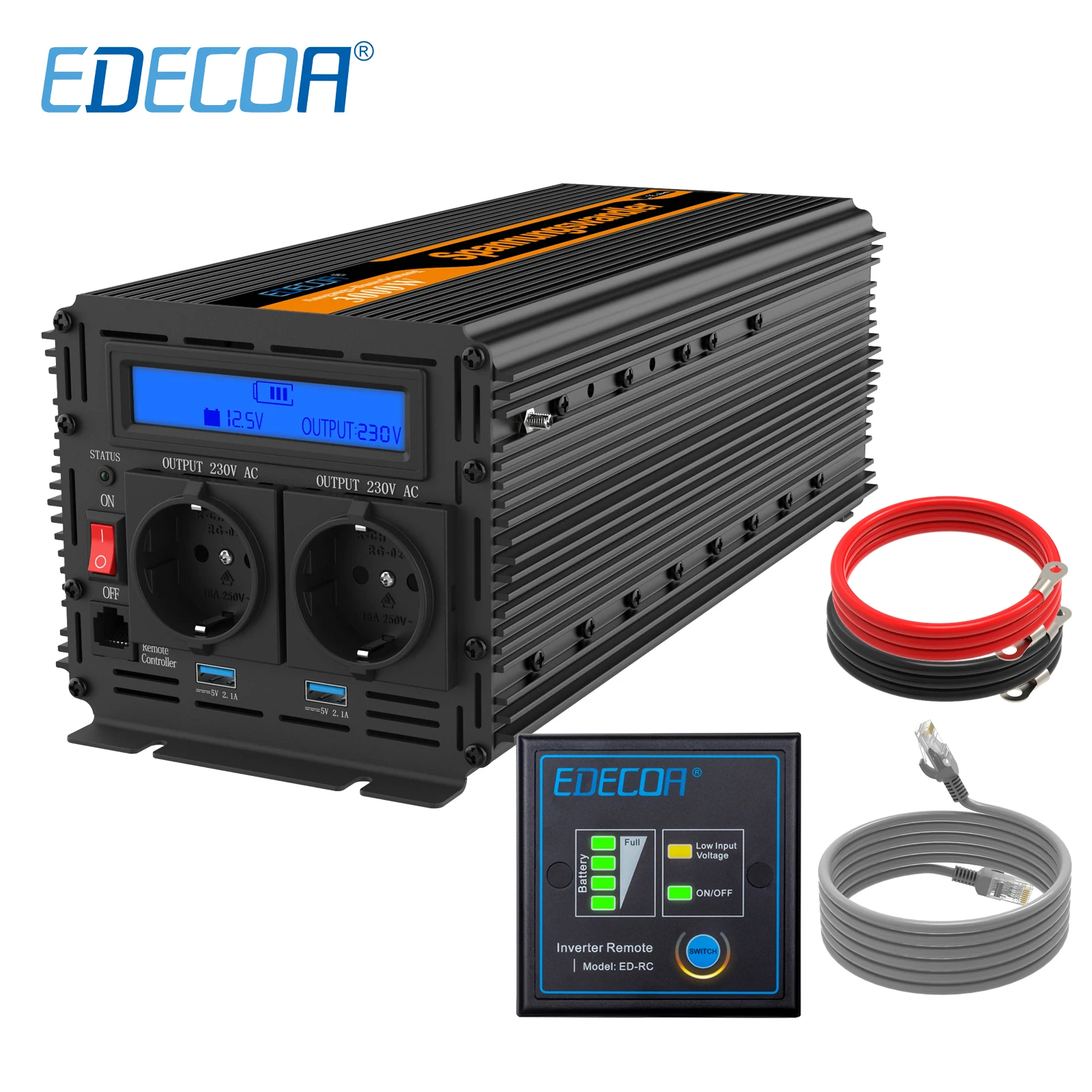 EDECOA силовой инвертор 3000 Вт AC 220 В 230 в 240 DC 12 модифицированная Синусоидальная волна