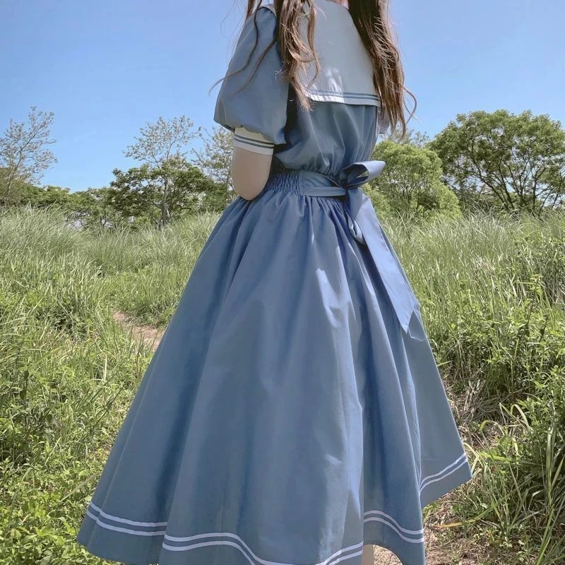 

Harajuku marinero Collar vestido azul Marino Japons Lolita agradable Arco-Nudo chica Retro de algodn Kawaii estilo Preppy de m