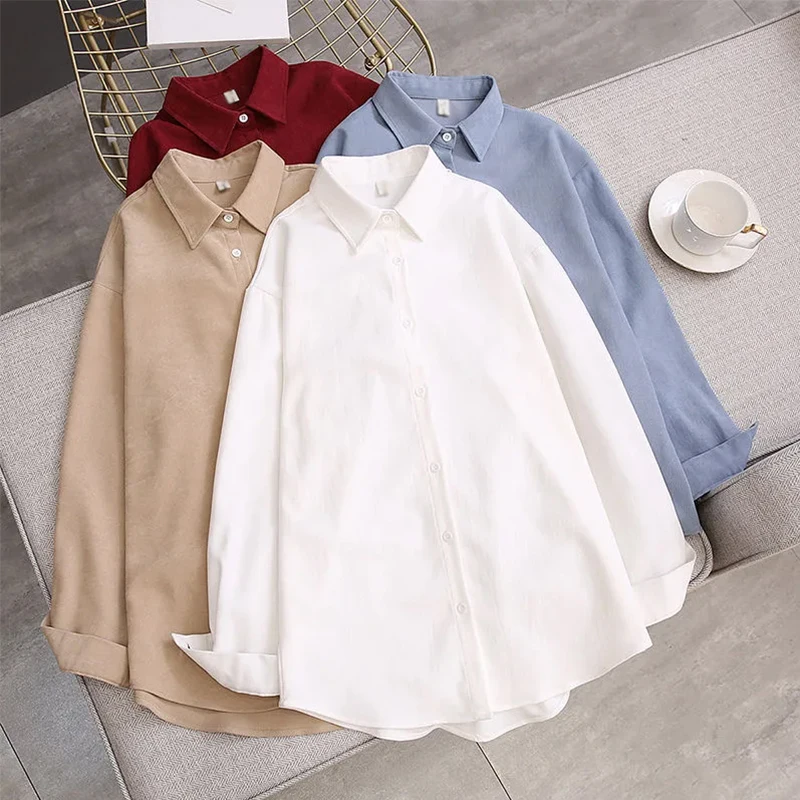 

LITONG Long Sleeve Blouse Woman Thick Shirt Loose Office Lady Tops Korean Fashion White Blue 2022 Oversize New Roupas Femininas