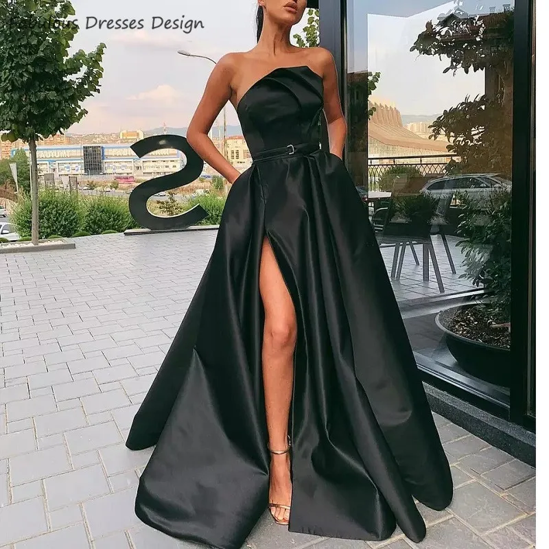 

Женское вечернее платье, Черное длинное платье без бретелек, с разрезом, с поясом, 2020