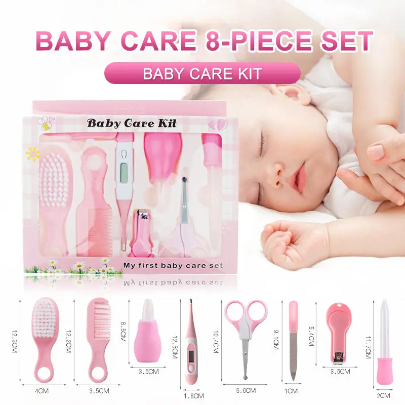 

2021 10/8 PCS/set Baby Nail, Hair Health Thermometer, Nose Cleaner, Toothbrush, Safety Care Tools, Newborn Carding Brush Kit