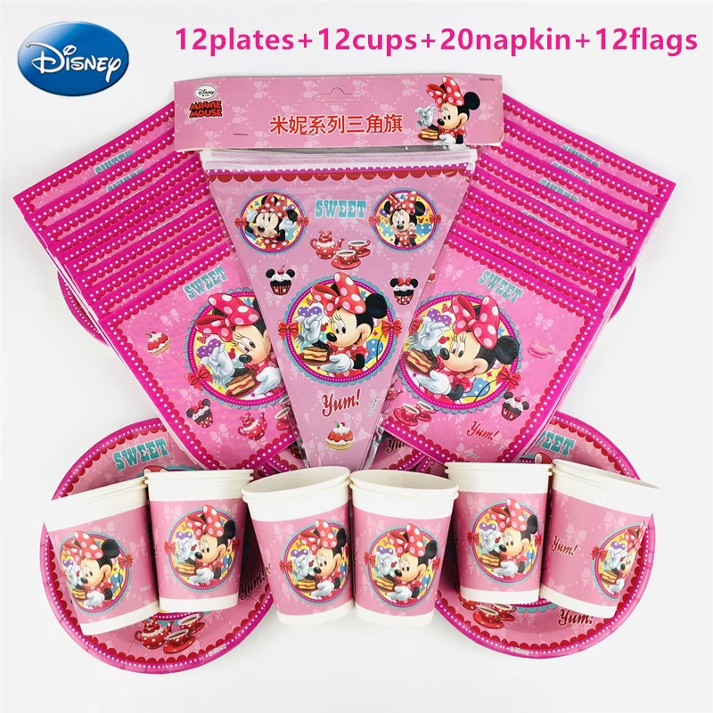 Disney-vajilla desechable de Minnie Mouse para ni&ntilde;os y ni&ntilde;as, decoraci&oacute;n de fiesta de cumplea&ntilde;os, plato de papel, taza, servilleta y suministros de banderas, 56 piezas, novedad-0