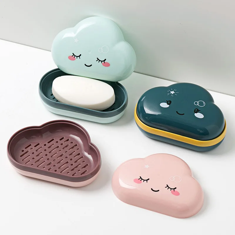 

Creative Cute Cartoon Clouds Shape Soap Box Portable Travel Soap Protect Case Bathroom Drain Soap Holder Bathroom Accessories