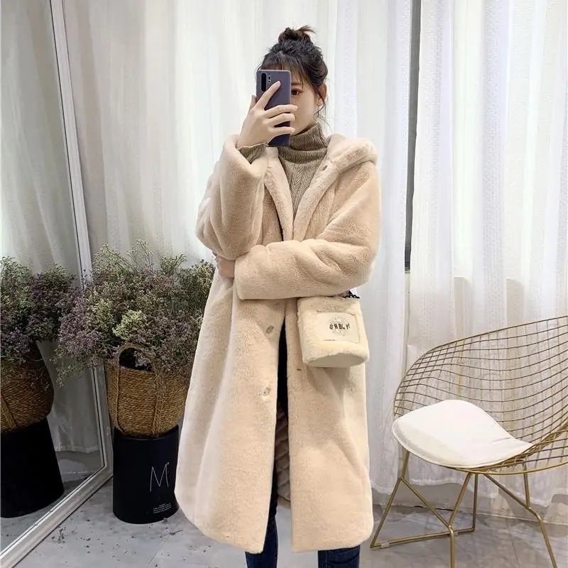 

2020 Women Winter Solid Hooded Faux Rex Rabbit Fur Coats Ladies Thick Warm Fake Mink Fur Jackets Female Loose Long Overcoat M7