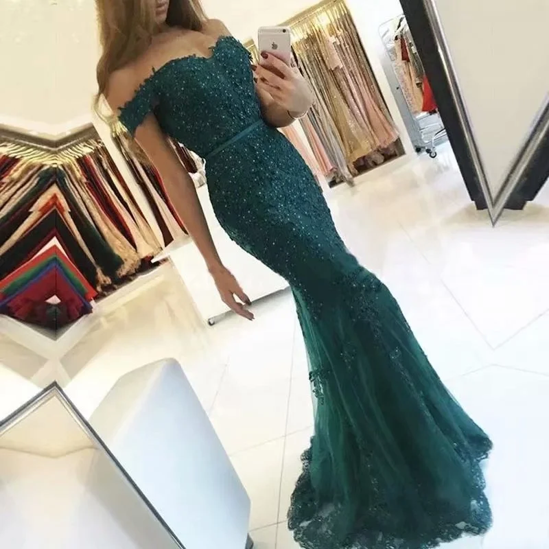 

Off Shoulder Beaded Sexy Fishtail Wedding Dress Elegant Tulle Slim Mermaid Evening Dresses Dress High Split Sleeveless Backless
