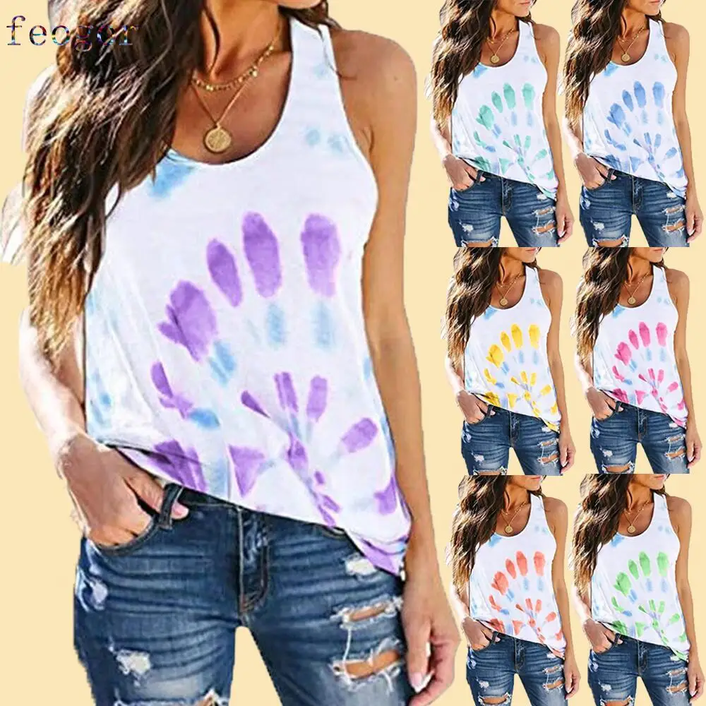 

FEOGOR Women's blouse 2021 summer new casual women's T-shirt tie-dye printing casual loose sleeveless vest Plus size top