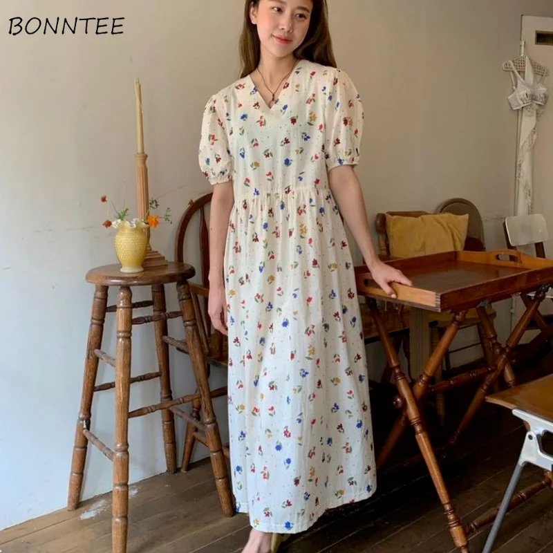 

Short Sleeve Dress Women Sweet Elegant Baggy V-Neck Leisure Mid-calf Tender Ladies Vestidos Summer High Street Student Ulzzang