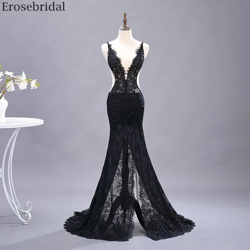 Женское просвечивающее платье Русалка Erosebridal Черное длинное кружевное вечернее
