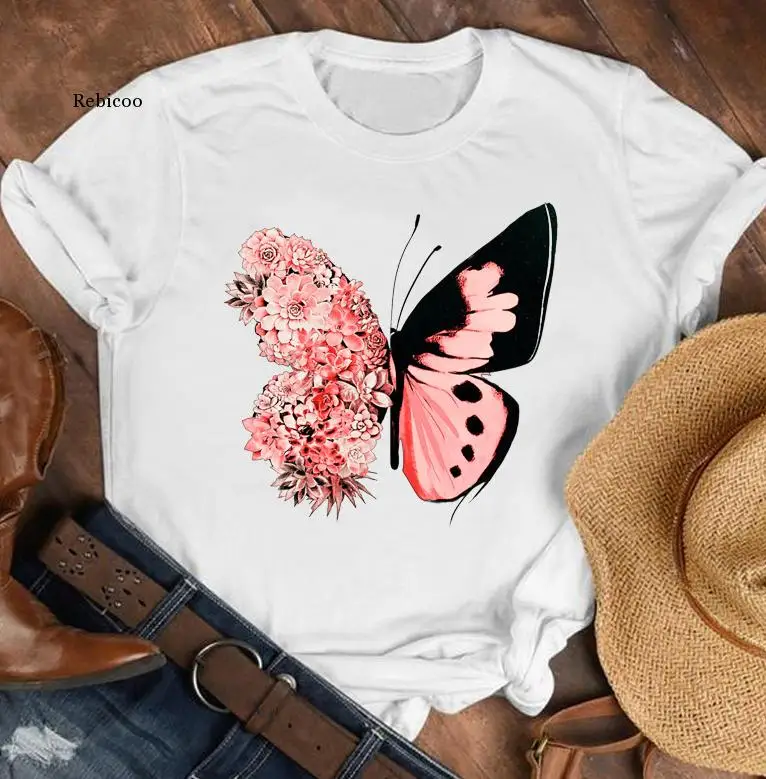 

Женская элегантная летняя рубашка с цветочным принтом и бабочками, футболка, Женский Топ, женская футболка с графическим принтом, новинка