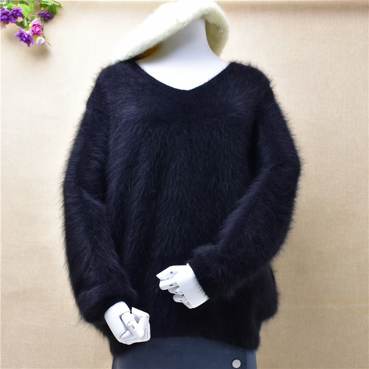 Женский Пушистый кашемировый пуловер из меха норки с V-образным вырезом и
