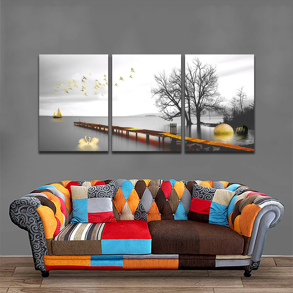 

Picture Canvas Printed Painting Calm Lake Bridge Tree Wall Art Poster for Living Room Decor No Frame