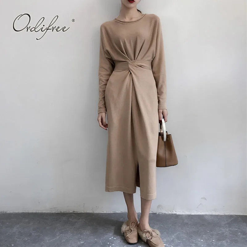 

Женское длинное вязаное платье Ordifree, свободное платье-свитер с длинным рукавом и бантом, Осень-зима 2021