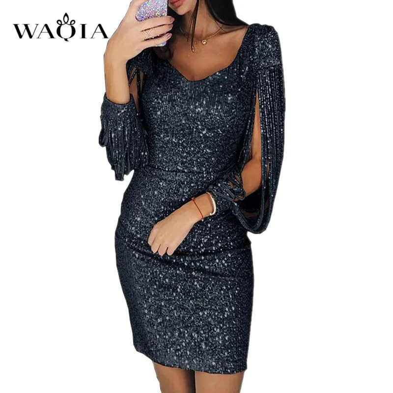 Сексуальное женское платье с блестками Осеннее облегающее длинным рукавом