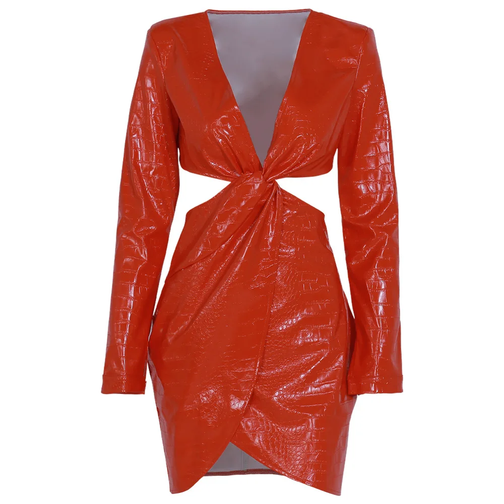 

Red 2020 Sexy Deep V-Neck Long Sleeve Hollow Out PV leather Female Solid Mini Party Dress ladies
