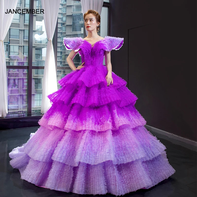 J66905 jancember/фиолетовое вечернее платье 2019 г. Со шлейфом с v образным вырезом