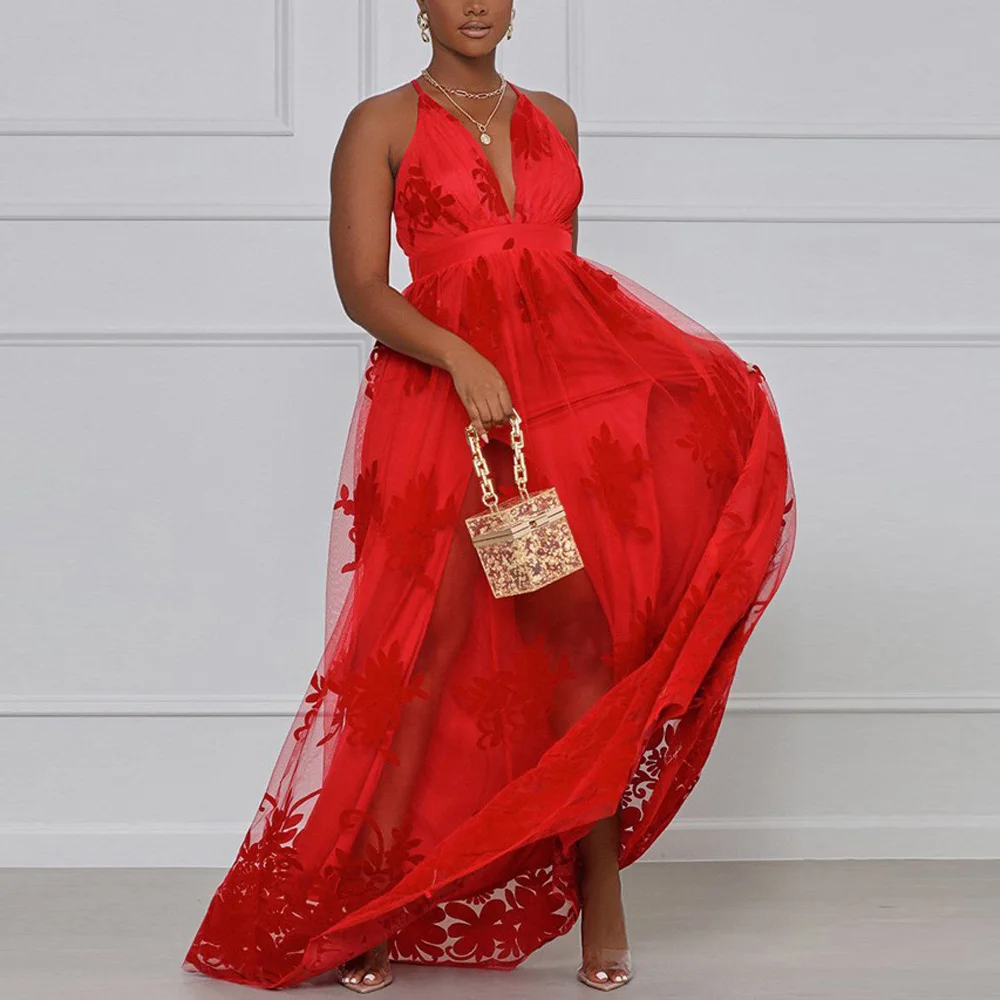 

4XL 5XL Plus Size Red Dress Spaghetti Strap Floor Length High Waisted Elegant Evening Night Party Club Vestidos Mujer Dress Big