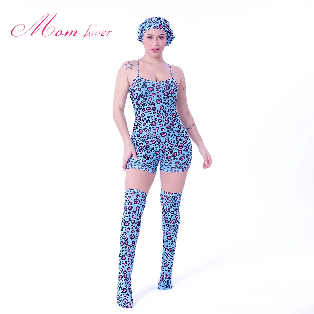 

ML2088 Blue Leopard Print Sleeveless Sexy Fashionable Onsies For Adults Woman Bodycon Sockes Bonnets Three-Piece Suit Sleepwear