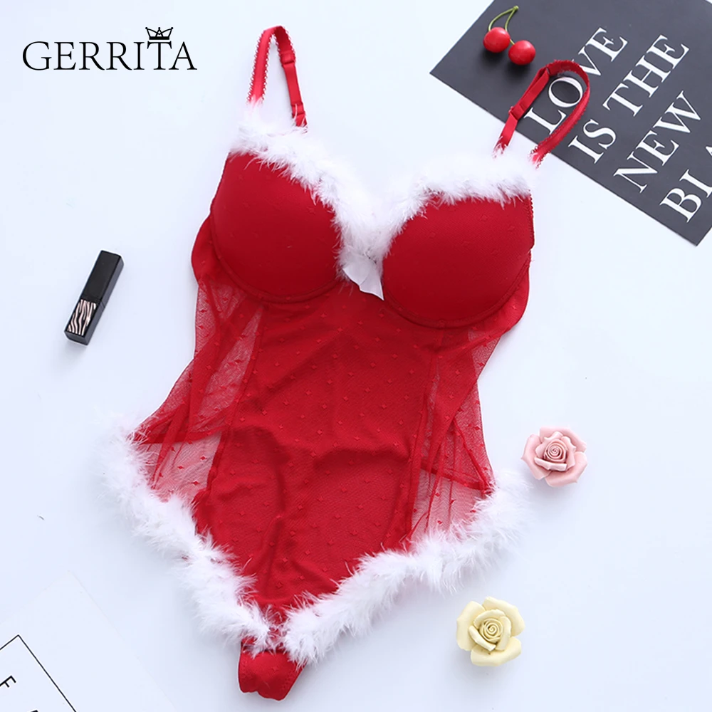 

2020 Christmas Costumes Women Bodysuit Mesh with Velvet Fur Women's Sexy Santa Cosplay Costumes Strap Back Lace Up Club Wear
