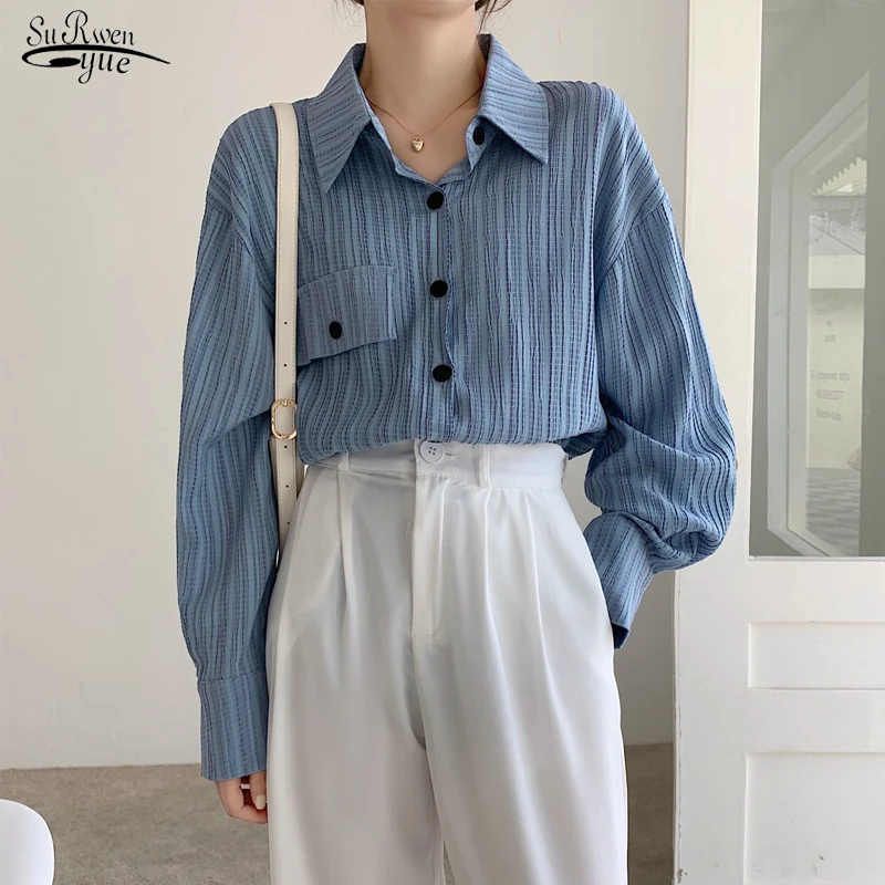 

Fashion Autumn Blue Stripe Blouses Popular Chiffon Shirt Casual Loose Turn Down Collar Button Shirt Women Full Tops Blusas 17411