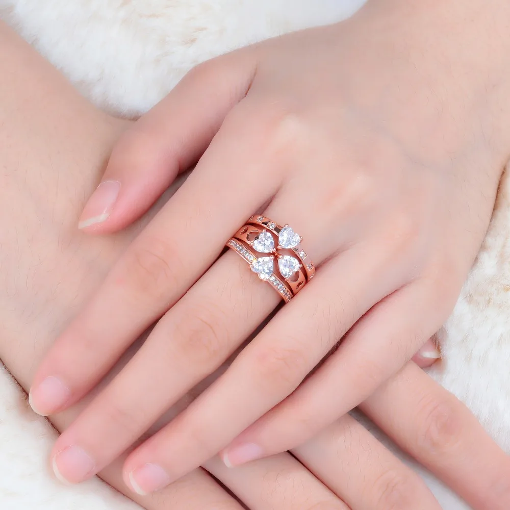 CiNily 3 in 1 Rose Gold Color LOVE Large Rings Clear Zirconia CZ Crystal Heart Stone Engagement Wedding Party Jewelry Woman Girl | Украшения