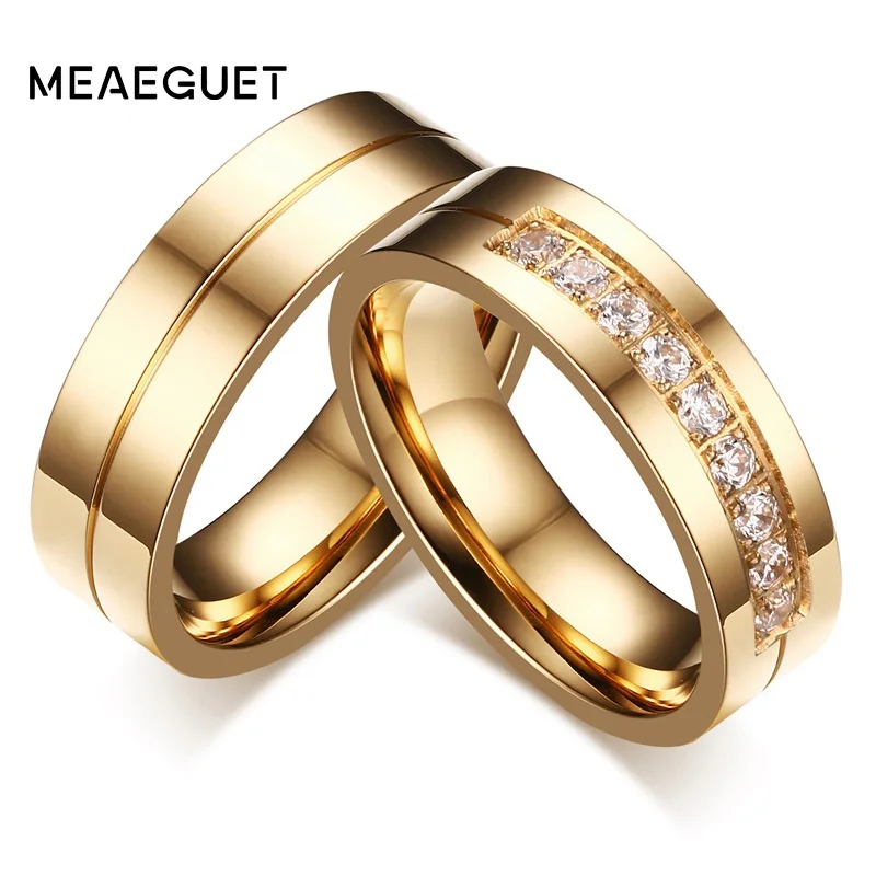 Meaeguet обручальные кольца золотого цвета с фианитом для влюбленных, нержавеющая сталь, романтичное Ювелирное кольцо, размер США