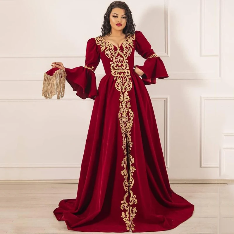 

Burgundy Moroccan Caftan Evening Dress Dubai Saudi Arabic Abaya Gold Appliques Long Sleeve A-Line Islamic Prom Gown EV55