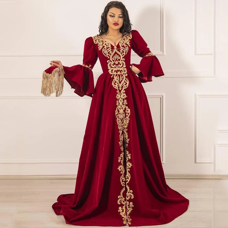 

Бордовое марокканское платье Caftan, вечернее платье Дубай, Саудовская Аравия, Золотая аппликация, длинный рукав, ТРАПЕЦИЕВИДНОЕ исламское пл...