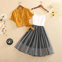 summer new two piece set women v neck short sleeve ruched blouse bow tie shirt top string mesh sheer gauze midi dress set suit