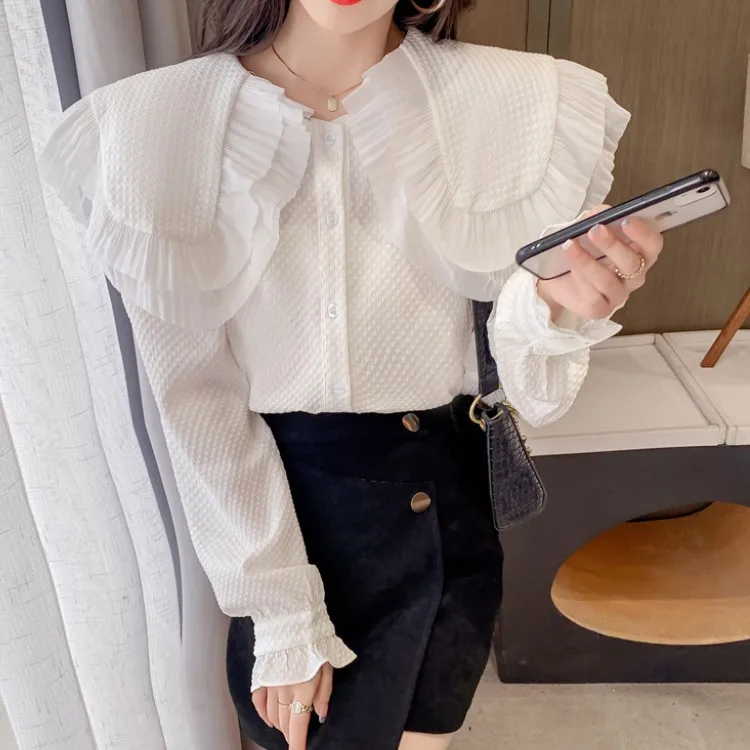 Женская короткая рубашка с воротником Питер Пэн длинным рукавом - купить по