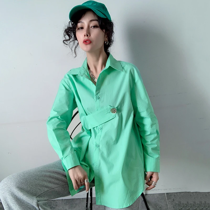 

Individuality Retro design button Shirt Women loose 2021 spring summer New Turn-down Collar long Sleeve Casual Lady's Blouse