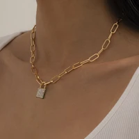 simple shiny rhinestone padlock pendant necklace ladies vintage gold color metal cross chain necklaces girls fashion jewelry