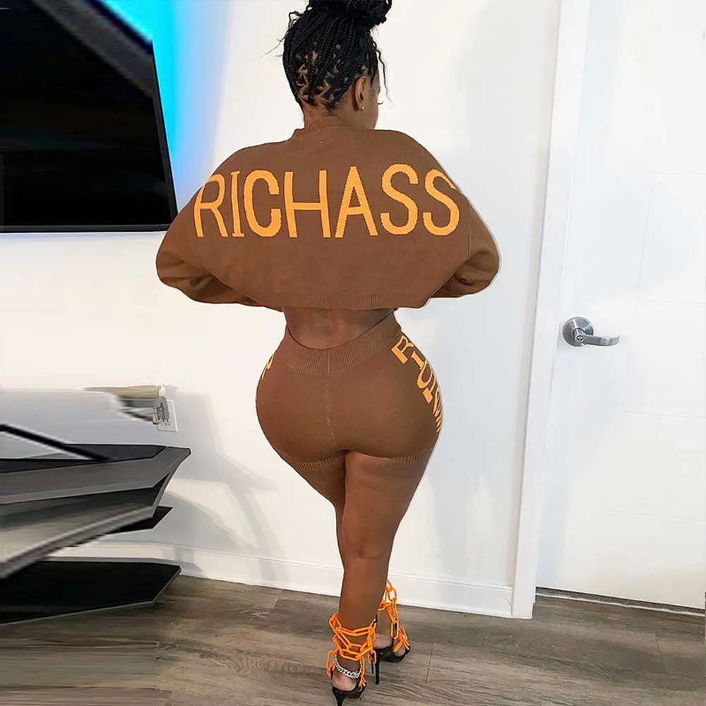

Letter Print Casual Two Piece Sweatsuit Autumn 2021 Women's Clothing Long Sleeve Loose Crop Top and Bodycon Biker Short Outfits