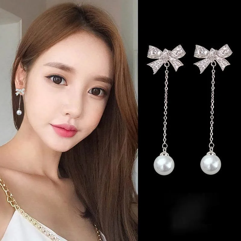 

Fashion Jewelry Bow Stud Earrings Women's Korean Simple Graceful All Match Pearl Earrings Long Eardrops Earrings