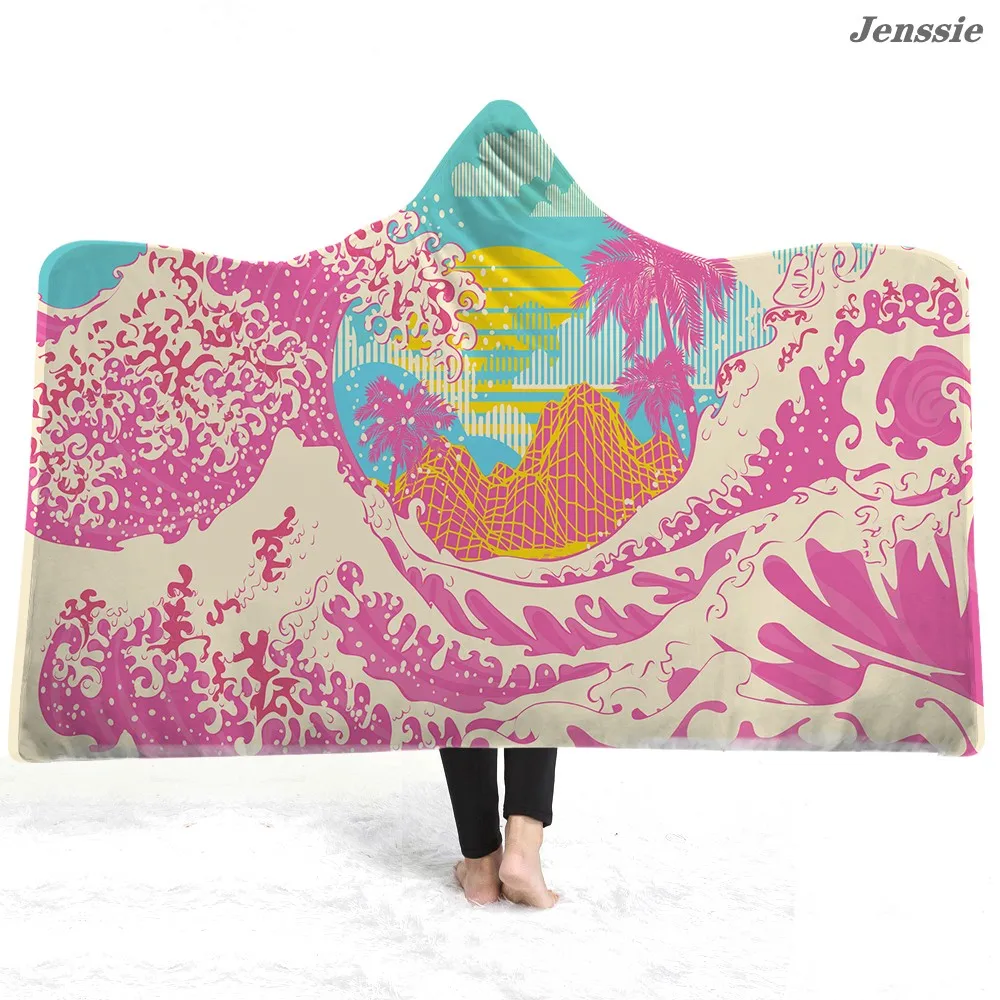

Japanese Style Wearable Throw Blanket With Hooded Sea Wave Landscape Painting Hoodie Blanket Travel Microfiber Thicken Blanket