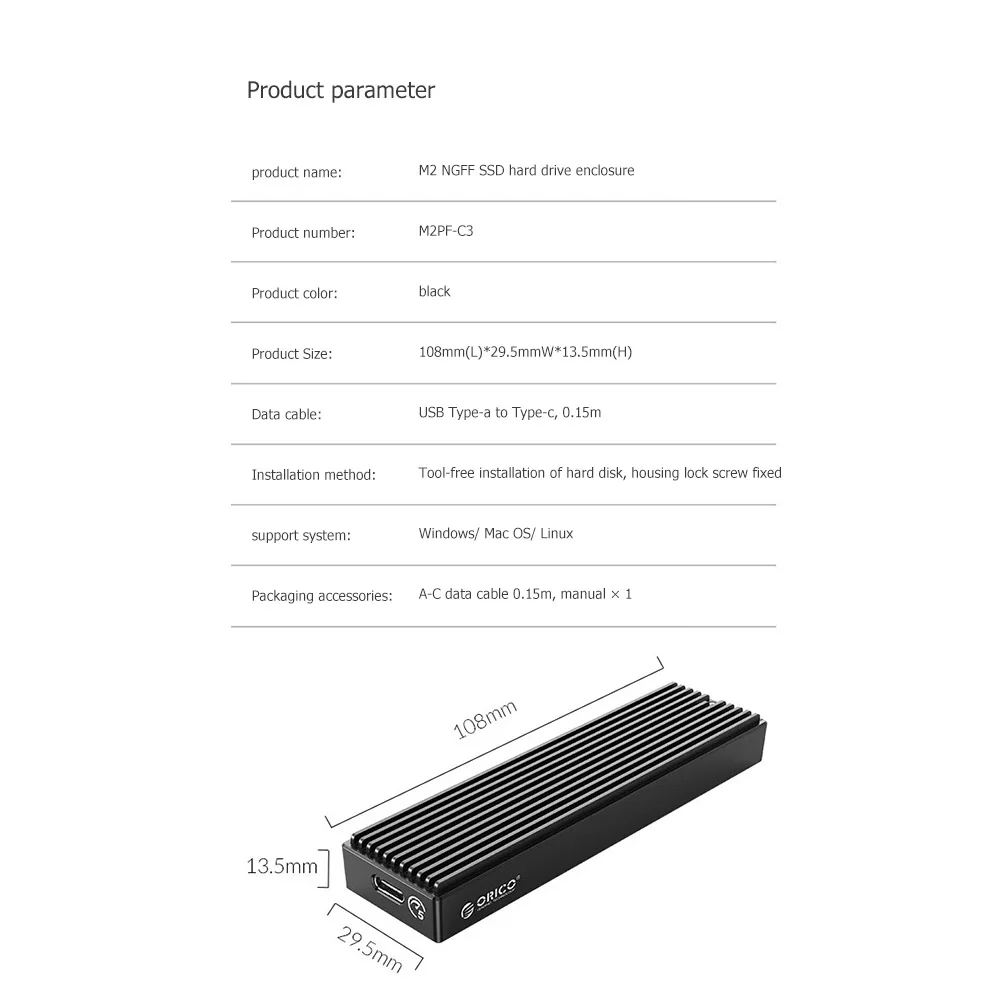 

ORICO M2PF-C3 Type-C M.2 NGFF SSD Mobile Enclosure Aluminum Alloy USB3.1 5Gbps External Solid State Drive Box Case