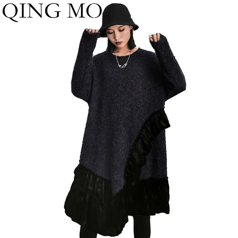 QING MO черное Серое Женское зимнее платье свитер 2019 женское свободное большого
