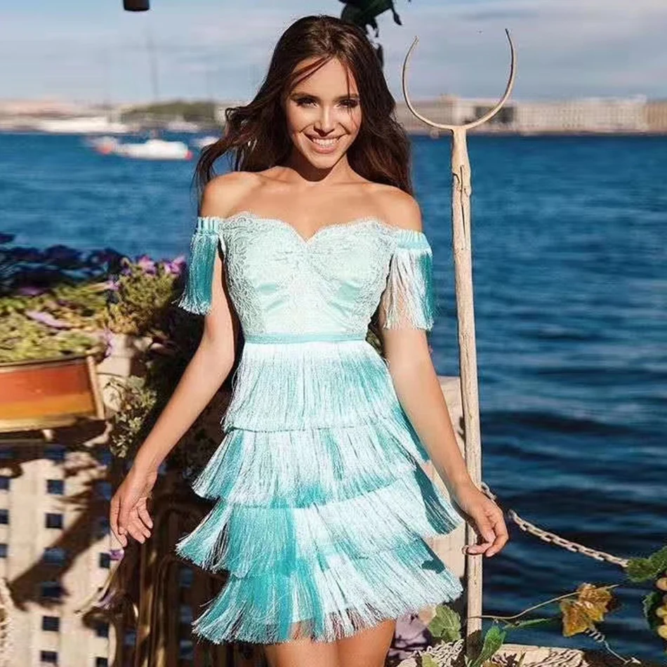 

Женское вечервечерние платье с вышивкой, платье с кисточками и открытыми плечами, лето 2021, облегающее платье с коротким рукавом