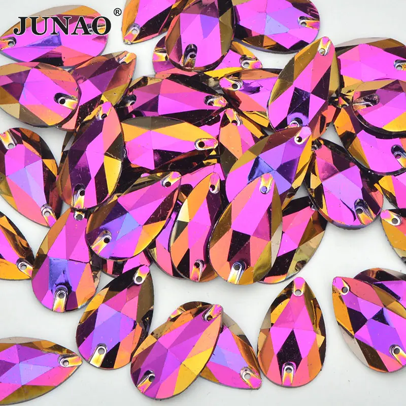 JUNAO, 17*28 мм, шитые большие хрустальные стразы AB, аппликация из смолы, стразы с плоской задней частью, камни для рукоделия - Цвет: Gold Rose AB