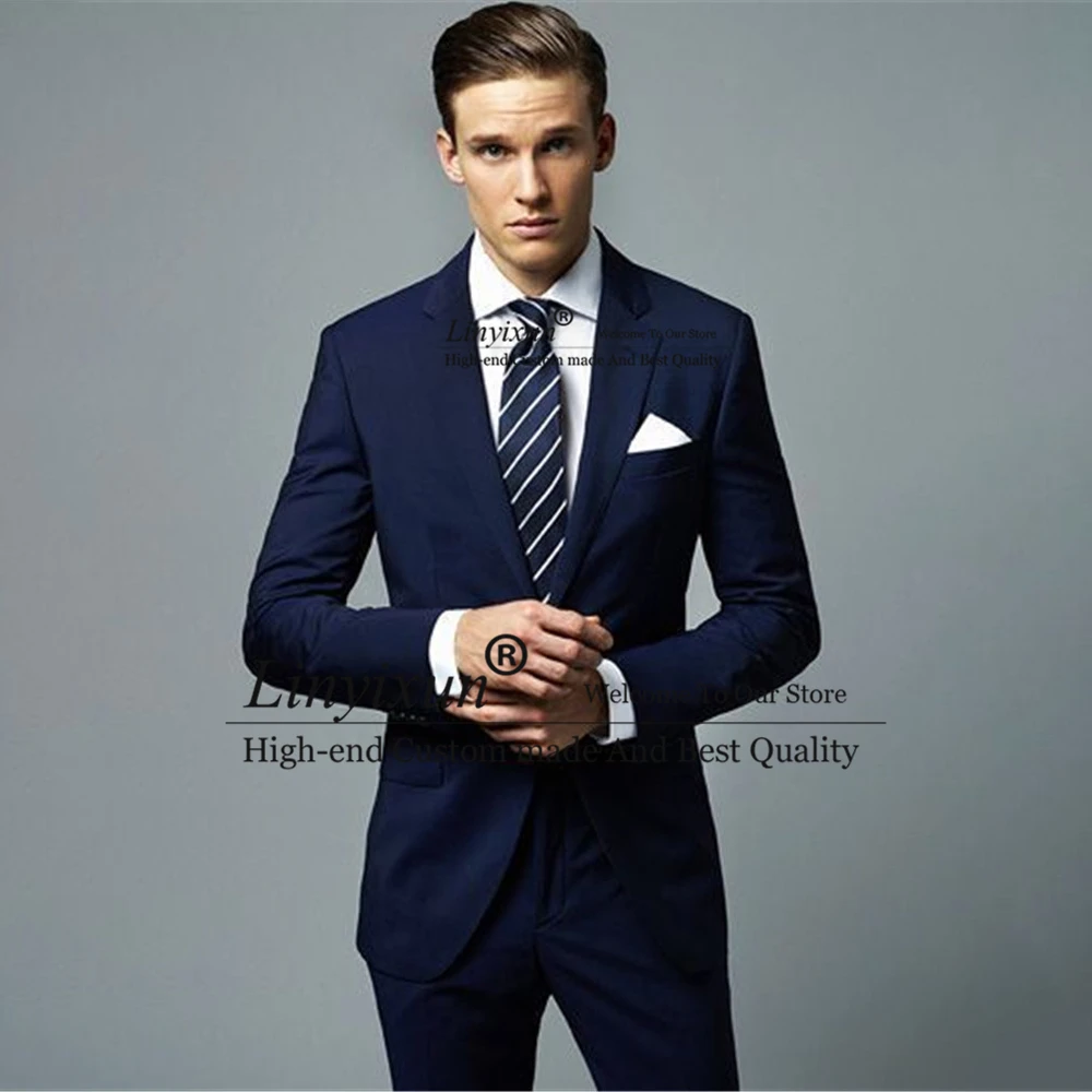

Handsome Navy Blue Mens Suits Formal Business Blazer Slim Fit Wedding Groom Tuxedos 2 Piece Set Jacket Pants Terno Masculino